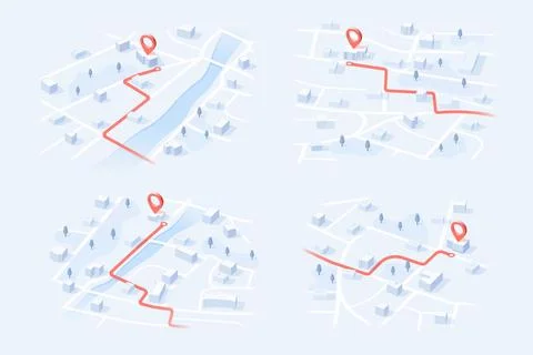 Set of four isometric digital city maps with red route lines and destination Stock Illustration