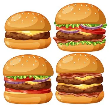 Set of Four Juicy Cheeseburgers Vector Illustration Stock Illustration
