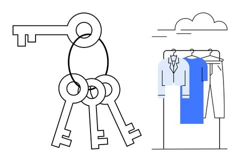 Set of four keys on a ring beside a clothing rack holding shirts, a jacket, a Illustrazione stock