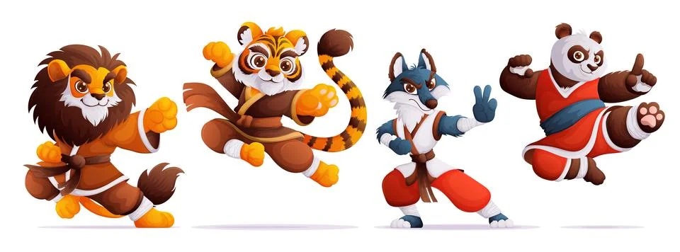 Set of four kung fu master characters. A lion, a tiger, a wolf and a panda .. Stock Illustration
