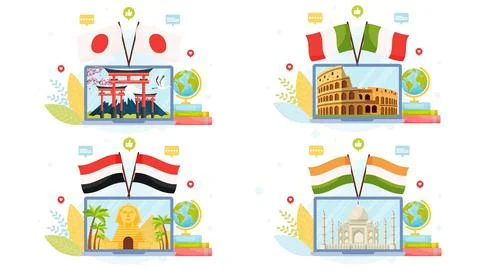 Set of four language center concepts. Online museum concepts. Flat design Stock Illustration