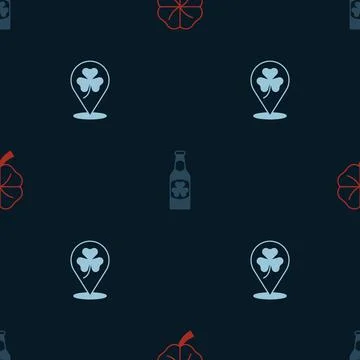 Set Four leaf clover, Beer bottle with and Clover trefoil on seamless pattern Stock Illustration