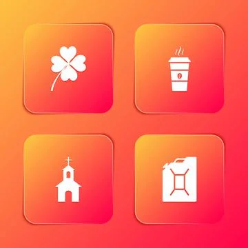 Set Four leaf clover, Coffee cup, Church building and Canister for gasoline icon Ilustración de archivo