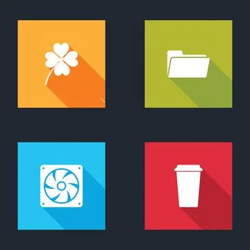 Set Four leaf clover, Folder, Computer cooler and Coffee cup icon. Vector Stock Illustration