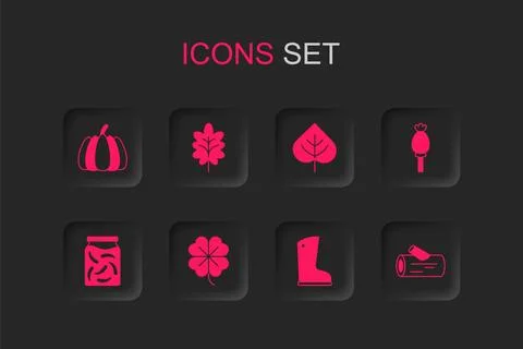 Set Four leaf clover, Leaf, Pumpkin, Waterproof rubber boot, Opium poppy, W.. Illustrazione stock