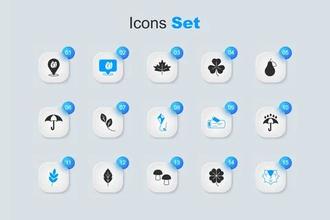 Set Four leaf clover, Leaf, Location with, Chestnut, Umbrella and rain drop.. Stock Illustration