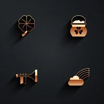 Set Four leaf clover, Pot of gold coins, Trumpet and Rainbow with cloud icon Stock Illustration