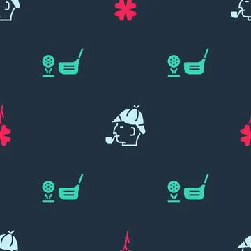 Set Four leaf clover, Sherlock Holmes and Golf club with ball on tee on seamless 스톡 일러스트