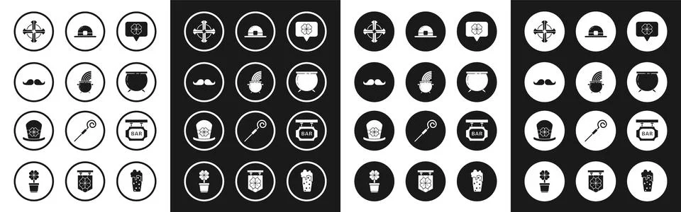 Set Four leaf clover in speech bubble, Witch cauldron and rainbow, Mustache.. Stock Illustration