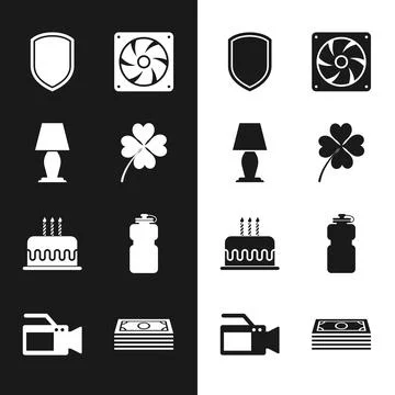 Set Four leaf clover, Table lamp, Shield, Computer cooler, Cake with burning Illustrazione stock