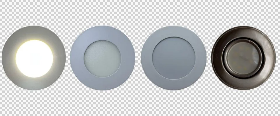 Set of four LED lights, one of which glows, isolated on transparent background. Stock Photos