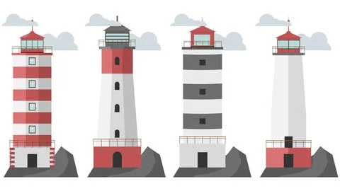 Set of four lighthouse towers on rocks with clouds vector flat illustration. Stock Illustration