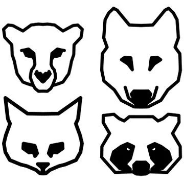 Set of four low polygonal animals logo cheetah, wolf, cat, raccoon Stock Illustration
