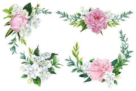 Set of four lush bouquets with white flowers Stock Illustration