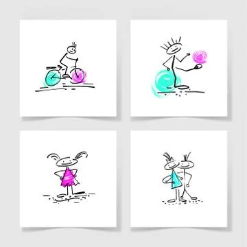 Set of four marker hand drawing sketch doodle human stick figure Stock Illustration