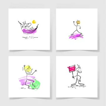 Set of four marker hand drawing sketch doodle human stick figure Stock Illustration