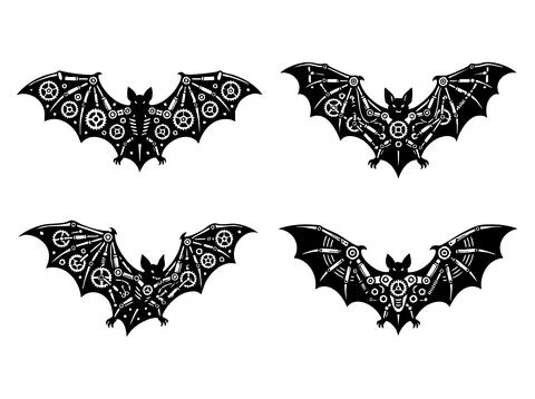 Set of four mechanical steampunk bats with intricate gear and clockwork details Stock Illustration