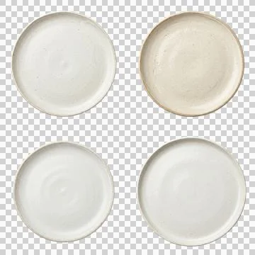 Set of four minimalist white ceramic plates isolated on a transparent backg.. Stock Photos