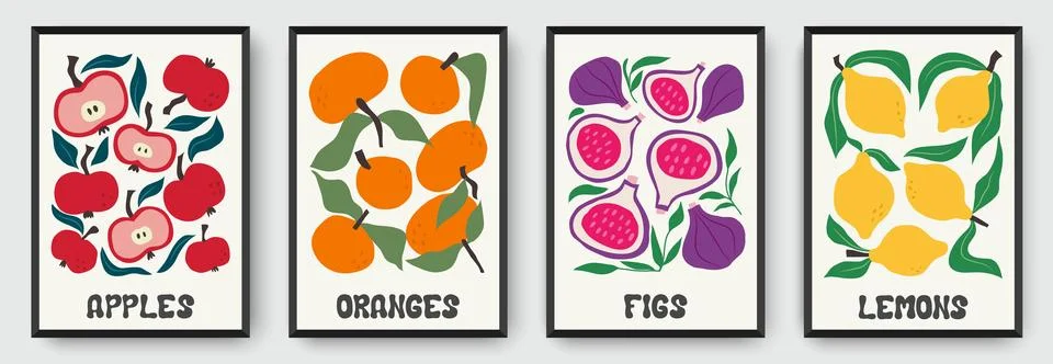 Set of four modern fruit posters featuring apples, oranges, figs, and lemon.. Stock Illustration