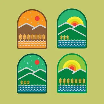 Set of four mountain emblems. Camping outdoor adventure badges Stock Illustration