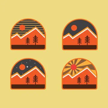 Set of four mountain travel emblems. Camping outdoor adventure badge Stock Illustration