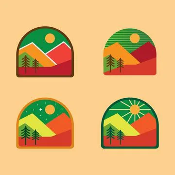 Set of four mountain travel emblems. Camping outdoor adventure badge Stock Illustration