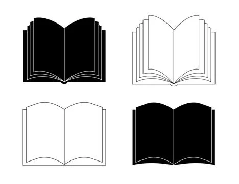 Set of Four Open Book Icons and Book Symbols in Black and White Vector Style. Illustrazione stock