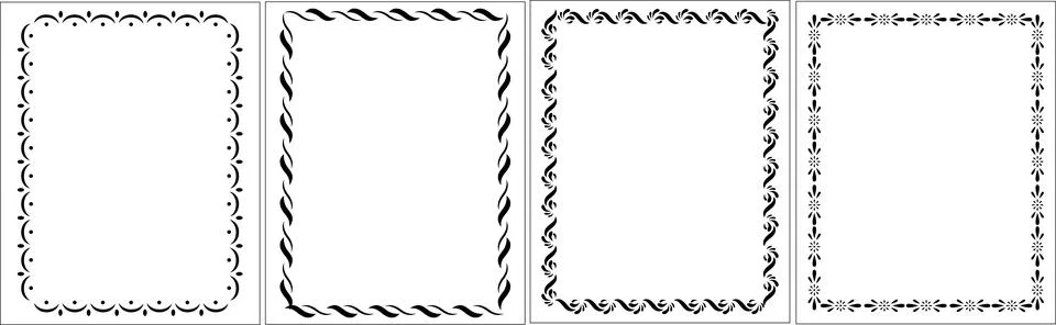 Set of Four ornate frames with intricate, swirling borders. 库存插图