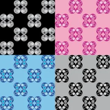 Set four patterns with blue pink grey and black circular decorations Stock Illustration