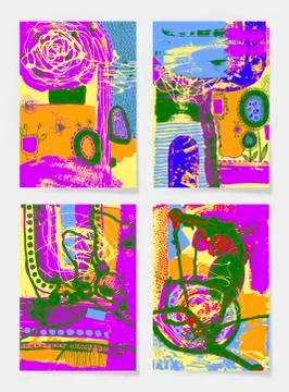 Set of four pieces blank A4 sheet contemporary abstract painting Stock Illustration