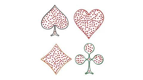 Set of four playing card suits filled with red hearts pattern isolated on white  Illustrazione stock