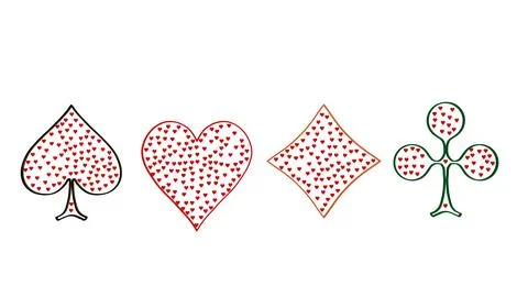Set of four playing card suits filled with red hearts pattern isolatedHORIZONTAL Stock Illustration