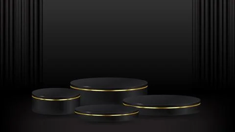 Set of four Realistic 3D black cylinder pedestal podium set with dark curta.. Illustrazione stock