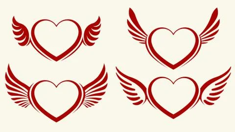 Set of four red vector hearts with wings Stock Illustration