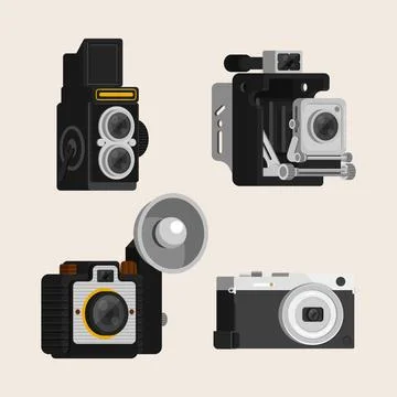 Set of four retro cameras in flat design Stock Illustration