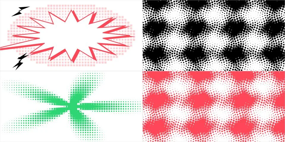 Set of Four Retro Comic Book Style Halftone Graphic Design Elements and Tex.. Stock Illustration