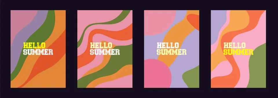 Set of four retro-style vertical posters featuring groovy psychedelic Illustrazione stock