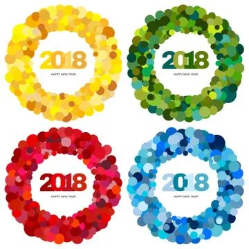 Set of four ring of multi-colored circles and the inscription Happy New Year Stock Illustration