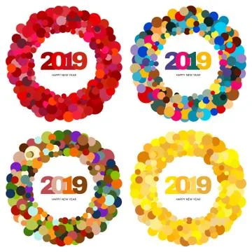 Set of four ring of multi-colored circles and the inscription Happy New Year Stock Illustration