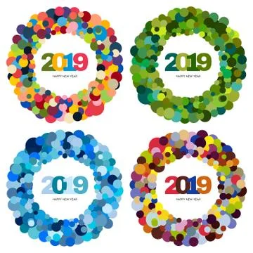 Set of four ring of multi-colored circles and the inscription Happy New Year Stock Illustration
