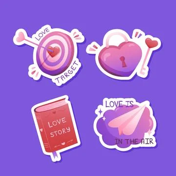 Set of four romantic stickers featuring a love target, heart shaped lock, lov Stock Illustration