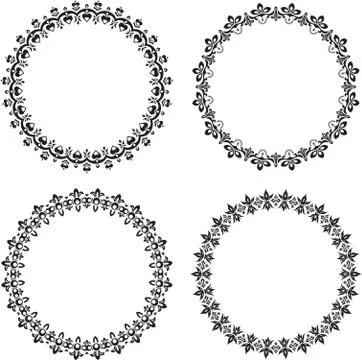 Set of four round vintage frames with floral elements and hearts for your des Stock Illustration