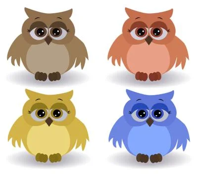 A set of four sad multicolored owls with surprised eyes and spread out wings Ilustración de archivo