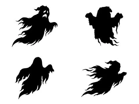 Set of four scary black ghost silhouettes flying for Halloween party decoration Иллюстрация