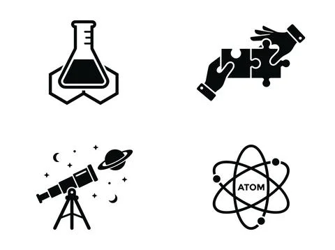Set of four science and discovery icons: laboratory flask, hands assembling.. Stockillustratie