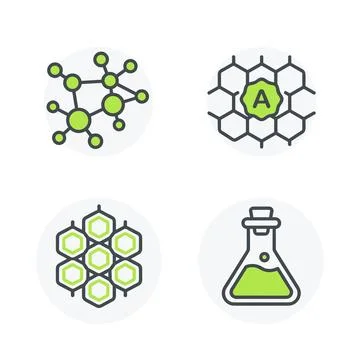 Set of four science icons: molecular structure, hexagonal lattice with lett.. Stock Illustration