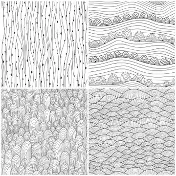 Set of four seamless abstract hand-drawn pattern, waves background. seamless  Stock Illustration