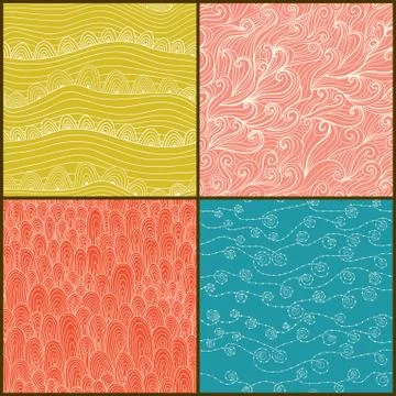 Set of four seamless abstract hand-drawn pattern, waves background. seamless  Stock Illustration