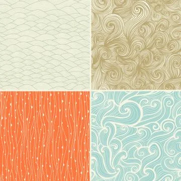 Set of four seamless abstract hand-drawn pattern, waves background. seamless  Stockillustratie