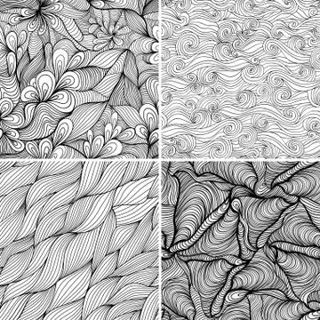 Set of four seamless abstract hand-drawn pattern, waves background. seamless  Stock Illustration